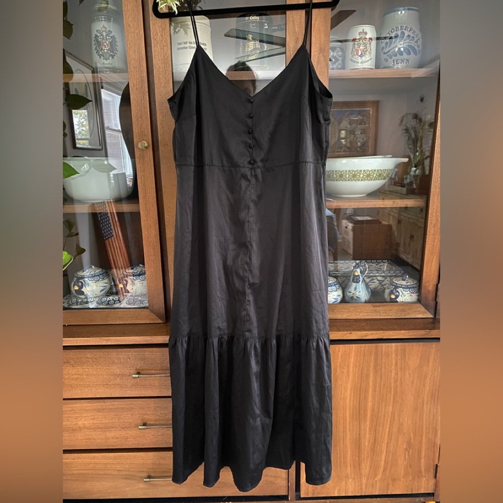 ASOS Black Satin Spaghetti Strap Slip Button Front Dress